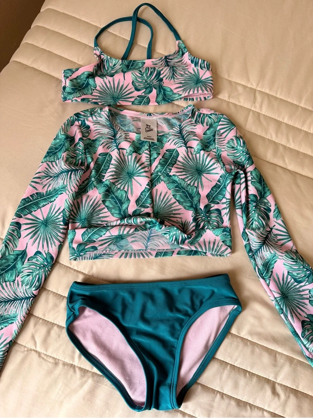 art class Tropical Palm Print Girls Swim Set in Pink and Teal